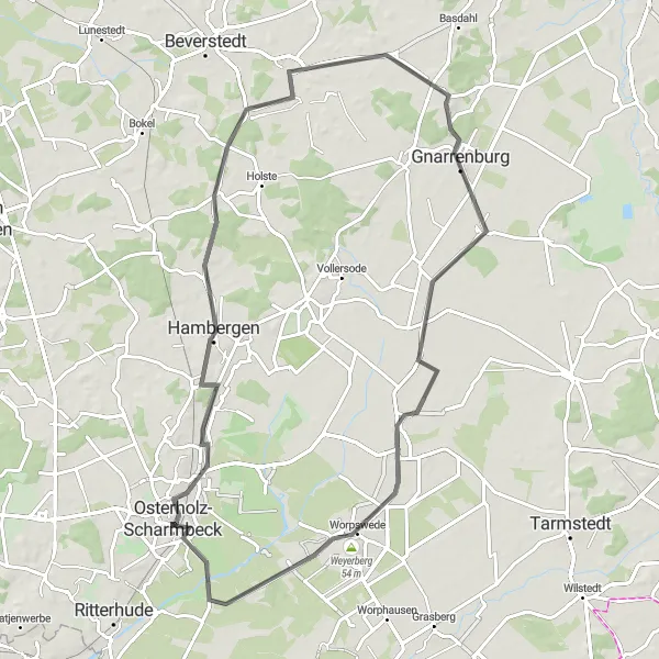 Map miniature of "Challenging Road Tour: Hambergen to Weyerberg" cycling inspiration in Lüneburg, Germany. Generated by Tarmacs.app cycling route planner