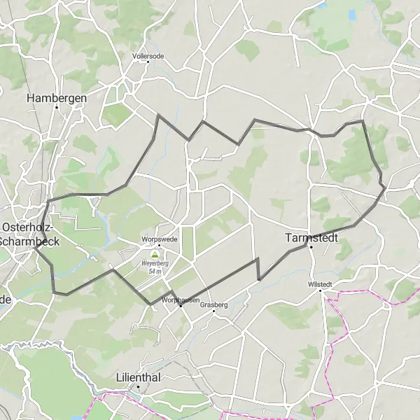 Map miniature of "Osterholz-Scharmbeck to Pennigbüttel" cycling inspiration in Lüneburg, Germany. Generated by Tarmacs.app cycling route planner