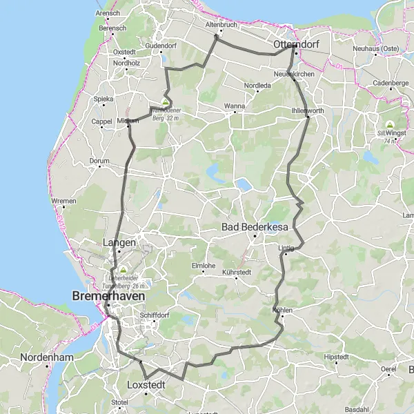 Map miniature of "Challenging Journey: Otterndorf to Geestenseth" cycling inspiration in Lüneburg, Germany. Generated by Tarmacs.app cycling route planner