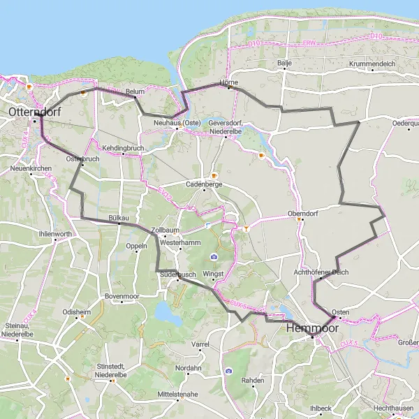 Map miniature of "Neuhaus (Oste) to Otterndorf Road Route" cycling inspiration in Lüneburg, Germany. Generated by Tarmacs.app cycling route planner