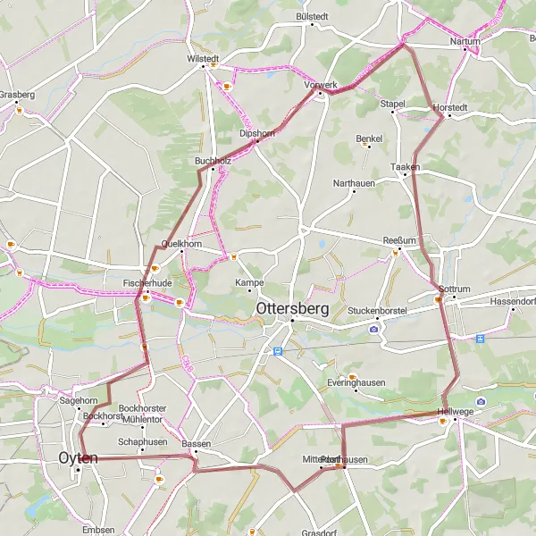 Karten-Miniaturansicht der Radinspiration "Rundfahrt durch Oytens Landschaft" in Lüneburg, Germany. Erstellt vom Tarmacs.app-Routenplaner für Radtouren