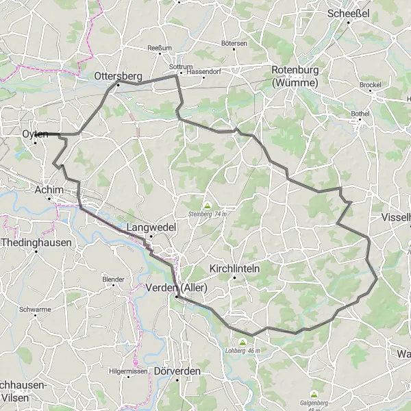 Map miniature of "Scenic Ottersberg Road Cycling Route" cycling inspiration in Lüneburg, Germany. Generated by Tarmacs.app cycling route planner