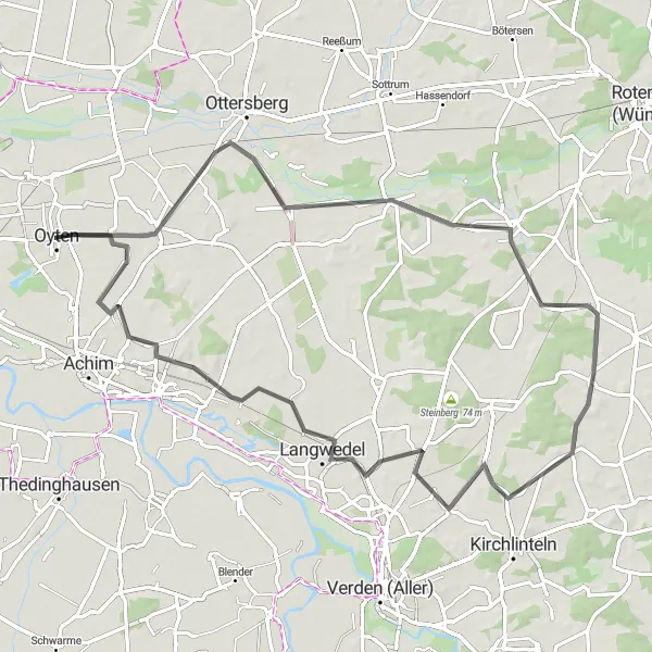 Karten-Miniaturansicht der Radinspiration "Rundtour von Oyten nach Langwedel" in Lüneburg, Germany. Erstellt vom Tarmacs.app-Routenplaner für Radtouren