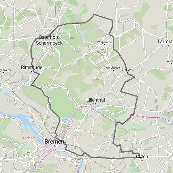 Karten-Miniaturansicht der Radinspiration "Radtour durch Hemelingen und Osterholz-Scharmbeck" in Lüneburg, Germany. Erstellt vom Tarmacs.app-Routenplaner für Radtouren