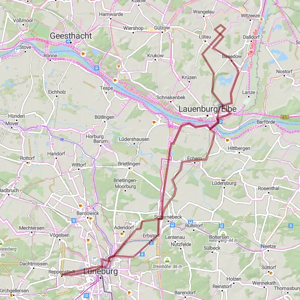 Karten-Miniaturansicht der Radinspiration "Gravel-Abenteuer rund um Reppenstedt" in Lüneburg, Germany. Erstellt vom Tarmacs.app-Routenplaner für Radtouren