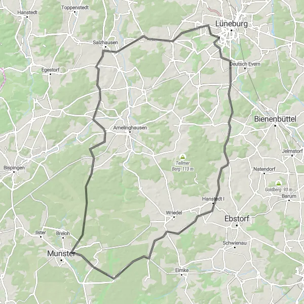 Map miniature of "Road Cycling Adventure to Kirchgellersen" cycling inspiration in Lüneburg, Germany. Generated by Tarmacs.app cycling route planner