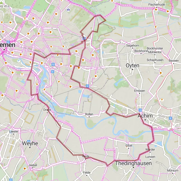 Karten-Miniaturansicht der Radinspiration "Riede - Vogelbeobachtung - Vahr - Oberneuland - Achim - Thedinghausen - Riede" in Lüneburg, Germany. Erstellt vom Tarmacs.app-Routenplaner für Radtouren