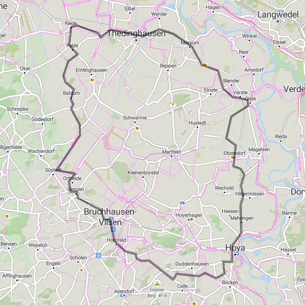 Map miniature of "Road Cycling Adventure from Riede to Bruchhausen-Vilsen" cycling inspiration in Lüneburg, Germany. Generated by Tarmacs.app cycling route planner