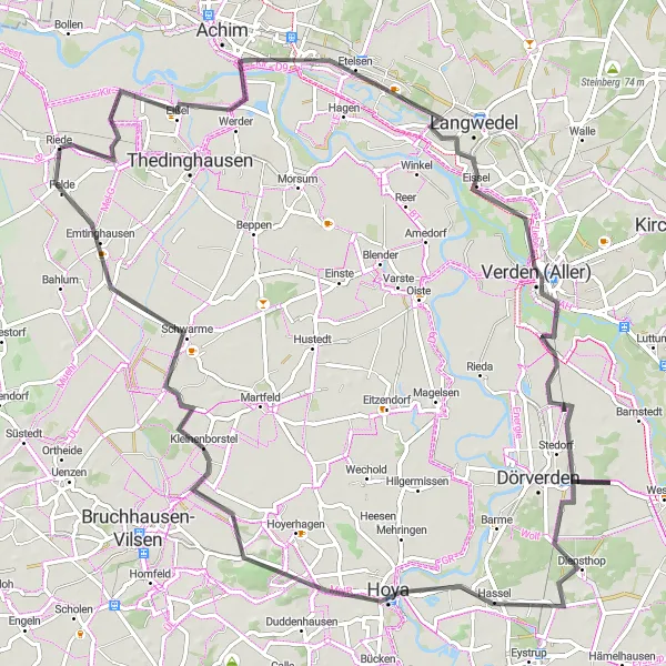 Map miniature of "Countryside Adventure: Uesen - Alte Aller - Verden (Aller) - Panoramablick Verden - Hassel - Schwarme" cycling inspiration in Lüneburg, Germany. Generated by Tarmacs.app cycling route planner