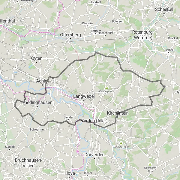 Map miniature of "Challenging Road Cycling Experience: Uesen - Funkberg - Hellwege - Kirchwalsede - Kirchlinteln - Verden (Aller) - Panoramablick Verden - Emtinghausen" cycling inspiration in Lüneburg, Germany. Generated by Tarmacs.app cycling route planner