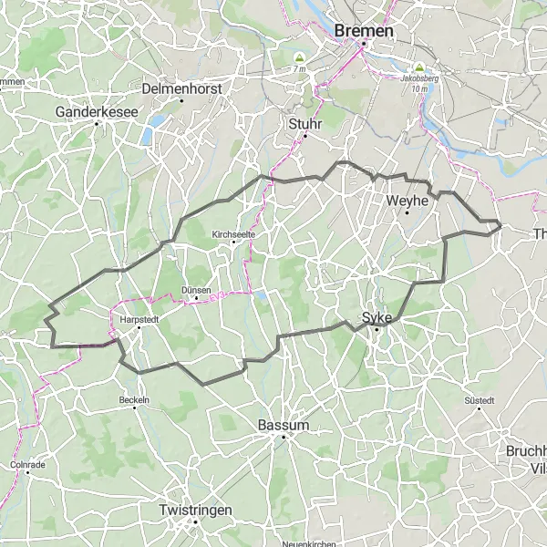 Karten-Miniaturansicht der Radinspiration "Riede - Wolfsschlucht - Syke - Stühren - Wunderburg - Brinkum - Kirchweyhe - Riede" in Lüneburg, Germany. Erstellt vom Tarmacs.app-Routenplaner für Radtouren