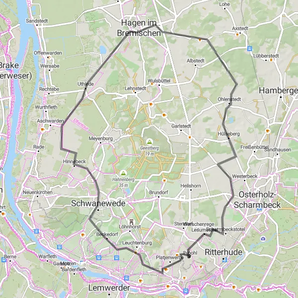 Karten-Miniaturansicht der Radinspiration "Road-Tour durch Schwanewede und Scharmbeckstotel" in Lüneburg, Germany. Erstellt vom Tarmacs.app-Routenplaner für Radtouren