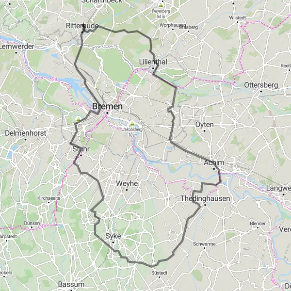 Karten-Miniaturansicht der Radinspiration "Road-Tour von Lilienthal nach Ritterhude" in Lüneburg, Germany. Erstellt vom Tarmacs.app-Routenplaner für Radtouren