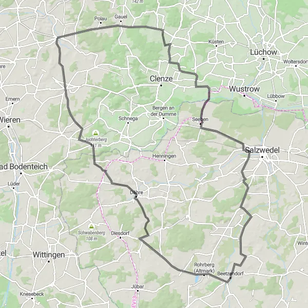 Map miniature of "Journey Through Waddeweitz to Müssingen" cycling inspiration in Lüneburg, Germany. Generated by Tarmacs.app cycling route planner