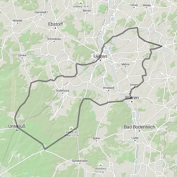 Karten-Miniaturansicht der Radinspiration "Road-Tour durch Emern und Masendorf" in Lüneburg, Germany. Erstellt vom Tarmacs.app-Routenplaner für Radtouren