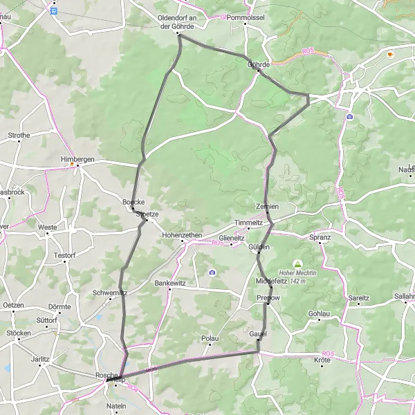 Karten-Miniaturansicht der Radinspiration "Rundfahrt durch Stoetze und Göhrde" in Lüneburg, Germany. Erstellt vom Tarmacs.app-Routenplaner für Radtouren