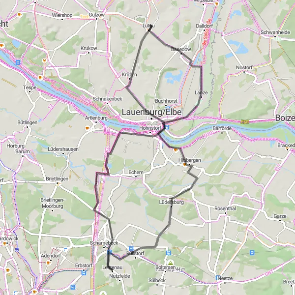 Karten-Miniaturansicht der Radinspiration "Radtour durch die Elbtalaue" in Lüneburg, Germany. Erstellt vom Tarmacs.app-Routenplaner für Radtouren