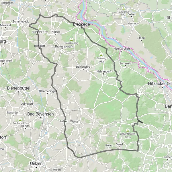 Karten-Miniaturansicht der Radinspiration "Elbtalaue-Rückweg von Rullstorf" in Lüneburg, Germany. Erstellt vom Tarmacs.app-Routenplaner für Radtouren