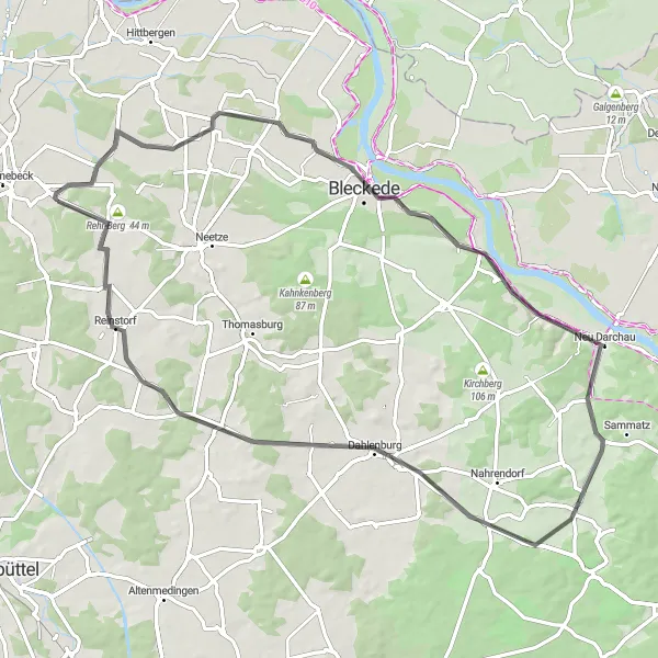 Karten-Miniaturansicht der Radinspiration "Elbufer-Rundtour von Rullstorf" in Lüneburg, Germany. Erstellt vom Tarmacs.app-Routenplaner für Radtouren