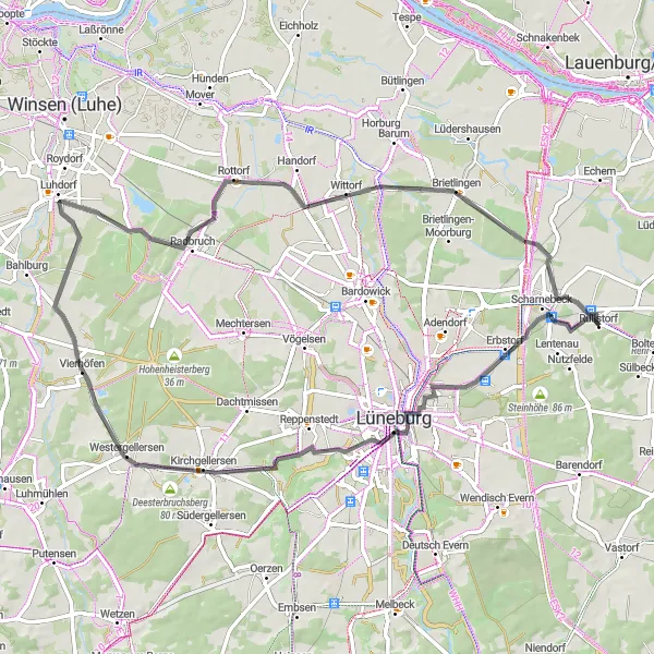 Karten-Miniaturansicht der Radinspiration "Panorama-Rundweg ab Rullstorf" in Lüneburg, Germany. Erstellt vom Tarmacs.app-Routenplaner für Radtouren