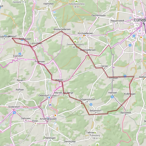 Karten-Miniaturansicht der Radinspiration "Kurze Gravel-Route von Salzhausen" in Lüneburg, Germany. Erstellt vom Tarmacs.app-Routenplaner für Radtouren