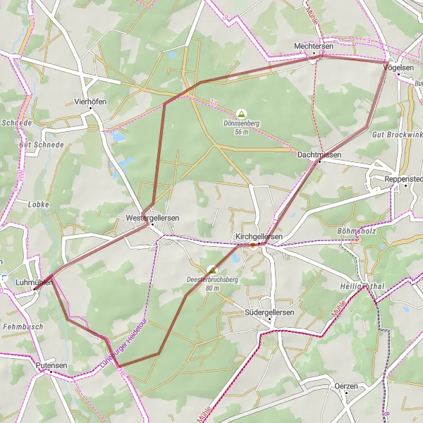 Map miniature of "Gravel Adventure: Dönnsenberg and Kirchgellersen" cycling inspiration in Lüneburg, Germany. Generated by Tarmacs.app cycling route planner