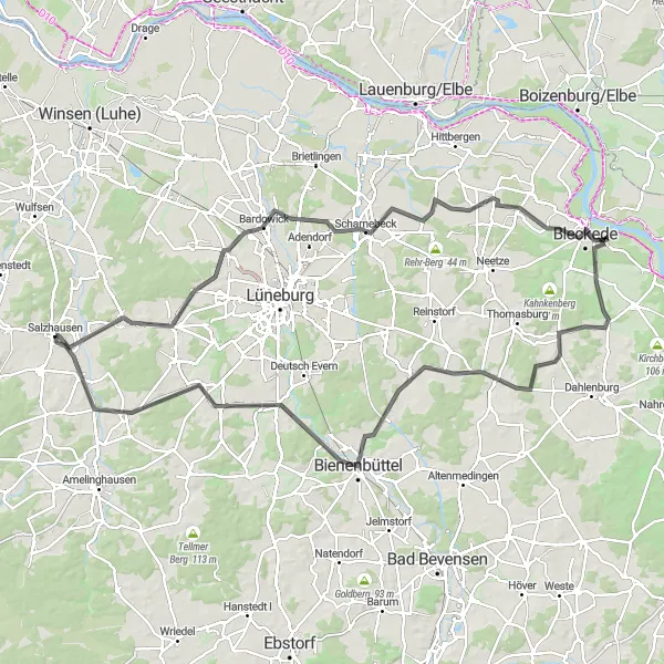 Karten-Miniaturansicht der Radinspiration "Road-Tour entlang der Elbe von Salzhausen" in Lüneburg, Germany. Erstellt vom Tarmacs.app-Routenplaner für Radtouren