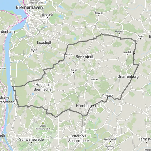 Map miniature of "Lüneburg to Sandstedt - Road Cycling Adventure" cycling inspiration in Lüneburg, Germany. Generated by Tarmacs.app cycling route planner