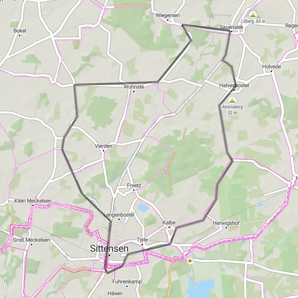 Map miniature of "Tiste Trail" cycling inspiration in Lüneburg, Germany. Generated by Tarmacs.app cycling route planner