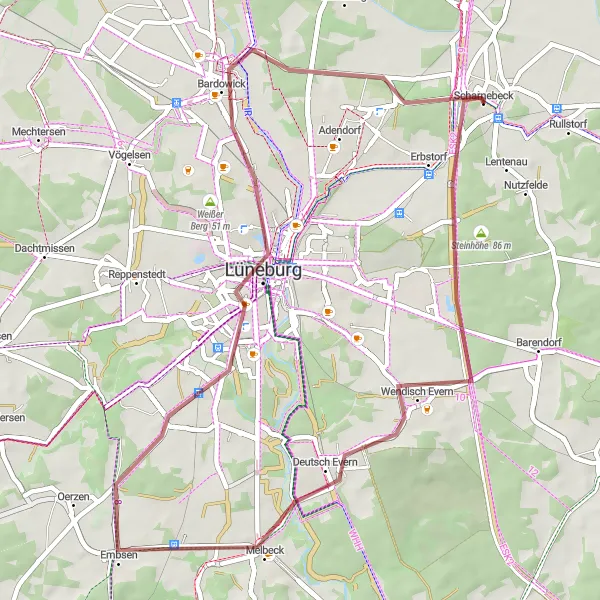 Map miniature of "Exploring Nature" cycling inspiration in Lüneburg, Germany. Generated by Tarmacs.app cycling route planner