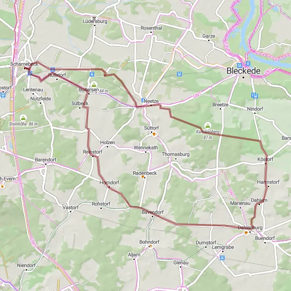 Map miniature of "Scenic tour of Neetze and Rehr-Berg" cycling inspiration in Lüneburg, Germany. Generated by Tarmacs.app cycling route planner