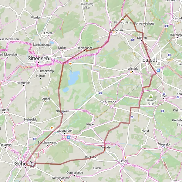 Karten-Miniaturansicht der Radinspiration "Graveltour durch Stemmen und Tostedt" in Lüneburg, Germany. Erstellt vom Tarmacs.app-Routenplaner für Radtouren
