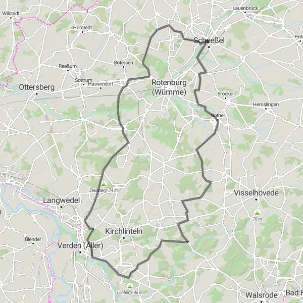 Map miniature of "Steinberg Loop" cycling inspiration in Lüneburg, Germany. Generated by Tarmacs.app cycling route planner