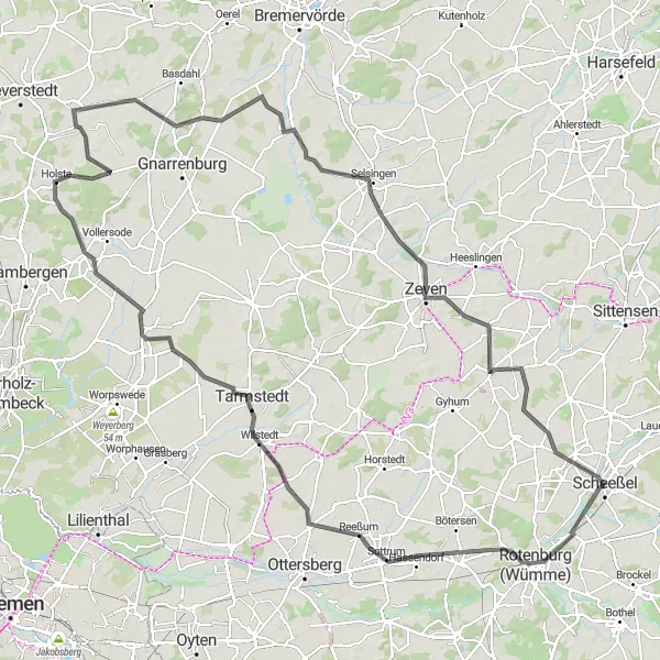 Karten-Miniaturansicht der Radinspiration "Rund um Rotenburg und Zeven" in Lüneburg, Germany. Erstellt vom Tarmacs.app-Routenplaner für Radtouren