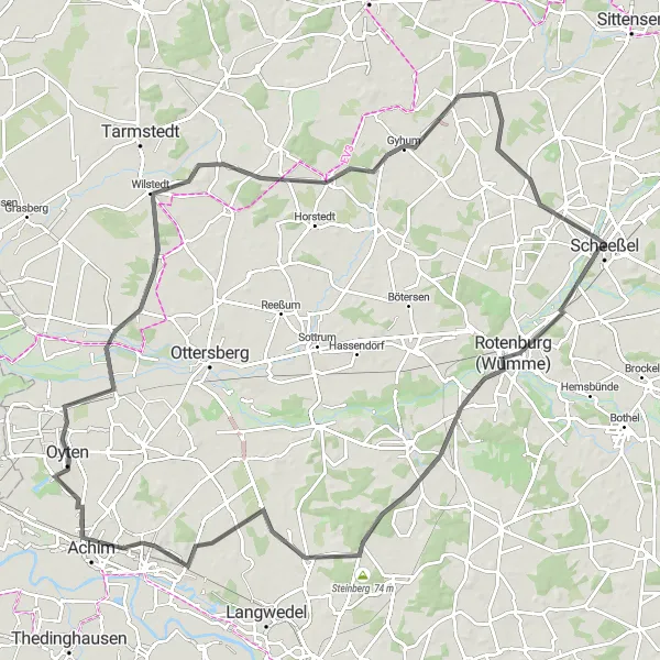 Map miniature of "Rotenburg Excursion" cycling inspiration in Lüneburg, Germany. Generated by Tarmacs.app cycling route planner