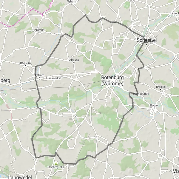 Map miniature of "Rolling Hills and Charming Villages" cycling inspiration in Lüneburg, Germany. Generated by Tarmacs.app cycling route planner