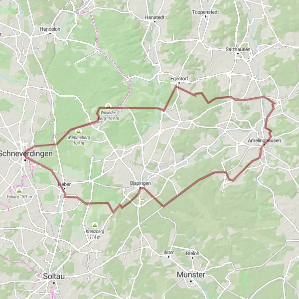 Map miniature of "Gravel Adventure: Wilseder Berg Loop" cycling inspiration in Lüneburg, Germany. Generated by Tarmacs.app cycling route planner