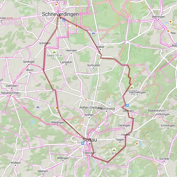 Map miniature of "Schneverdingen Gravel Loop" cycling inspiration in Lüneburg, Germany. Generated by Tarmacs.app cycling route planner