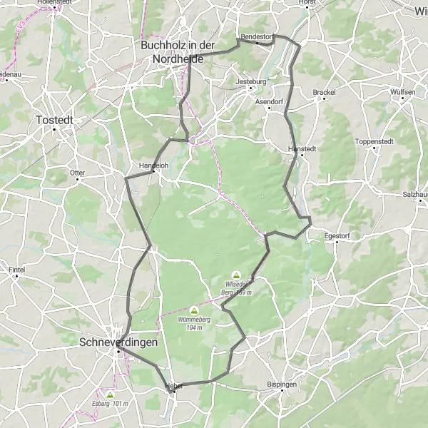 Karten-Miniaturansicht der Radinspiration "Radtour durch die Wälder und Dörfer" in Lüneburg, Germany. Erstellt vom Tarmacs.app-Routenplaner für Radtouren