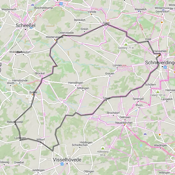 Map miniature of "Tewel Loop" cycling inspiration in Lüneburg, Germany. Generated by Tarmacs.app cycling route planner