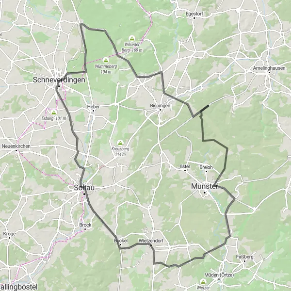 Map miniature of "Soltau Excursion" cycling inspiration in Lüneburg, Germany. Generated by Tarmacs.app cycling route planner