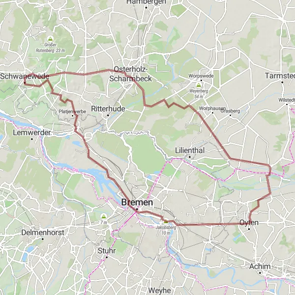 Map miniature of "Osterholz-Scharmbeck-Vogelbeobachtung Loop" cycling inspiration in Lüneburg, Germany. Generated by Tarmacs.app cycling route planner