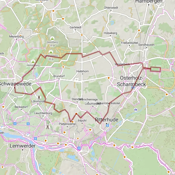 Map miniature of "Hahnenberg-Ritterhude Adventure" cycling inspiration in Lüneburg, Germany. Generated by Tarmacs.app cycling route planner