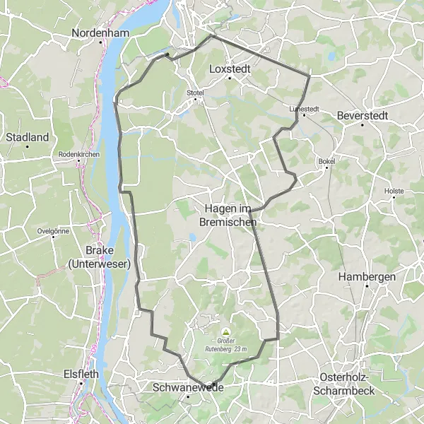 Map miniature of "Offenwarden-Lunestedt Round-Trip" cycling inspiration in Lüneburg, Germany. Generated by Tarmacs.app cycling route planner