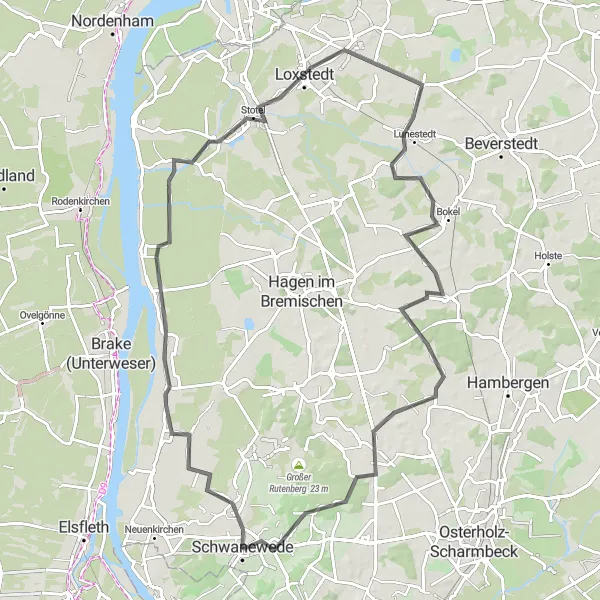 Map miniature of "Sandstedt-Bokel Nature Ride" cycling inspiration in Lüneburg, Germany. Generated by Tarmacs.app cycling route planner