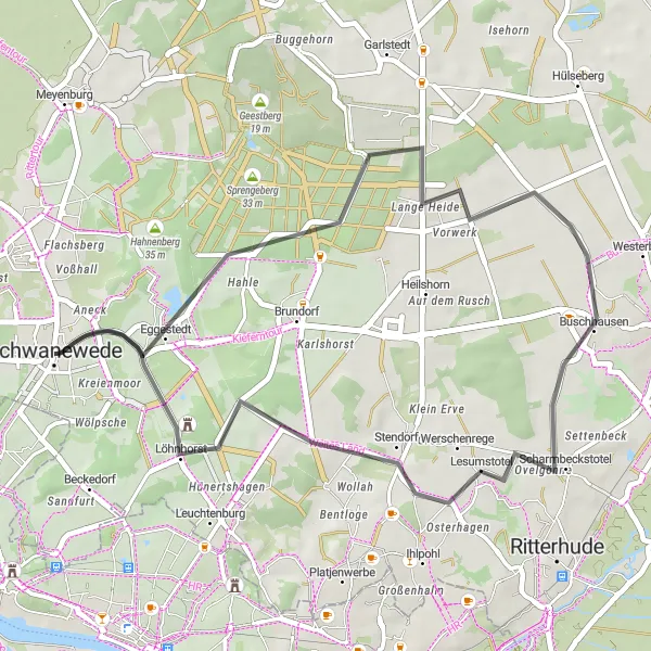 Map miniature of "Schwanewede - Langer Berg Short Loop" cycling inspiration in Lüneburg, Germany. Generated by Tarmacs.app cycling route planner