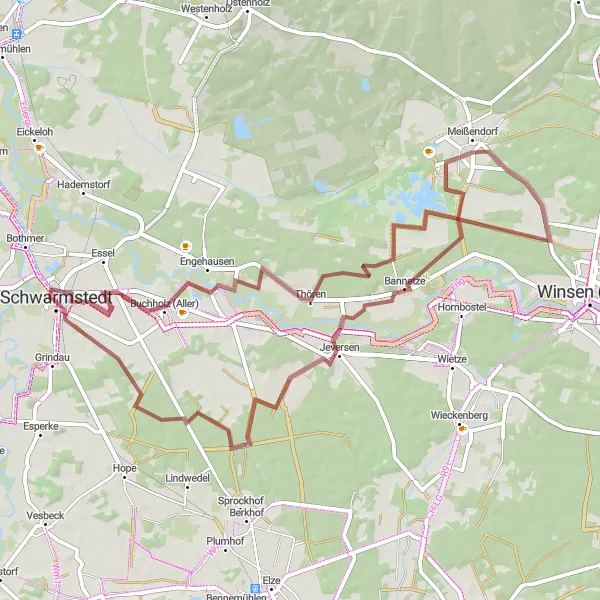 Map miniature of "Hidden Gravel Gems near Schwarmstedt" cycling inspiration in Lüneburg, Germany. Generated by Tarmacs.app cycling route planner