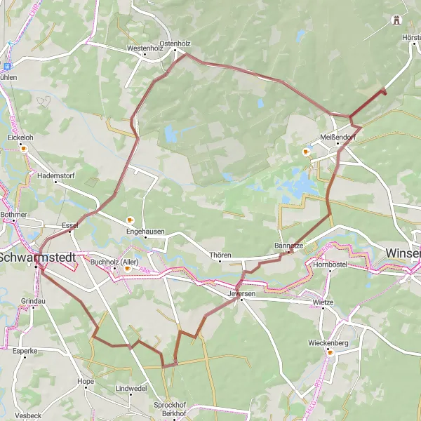 Karten-Miniaturansicht der Radinspiration "Erkundungstour durch Ostenholz und Bannetze" in Lüneburg, Germany. Erstellt vom Tarmacs.app-Routenplaner für Radtouren