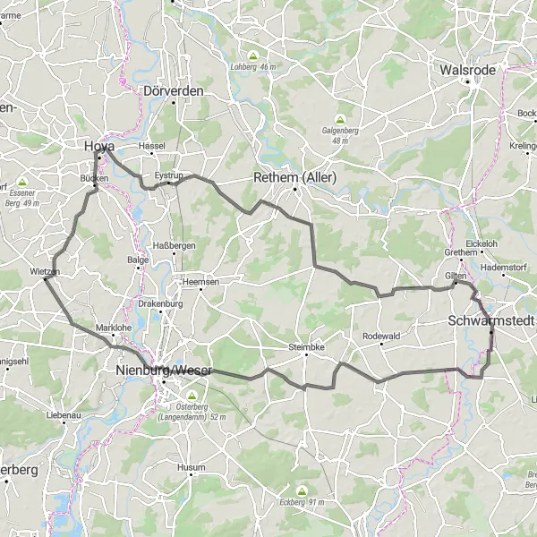 Map miniature of "Schwarmstedt Loop" cycling inspiration in Lüneburg, Germany. Generated by Tarmacs.app cycling route planner