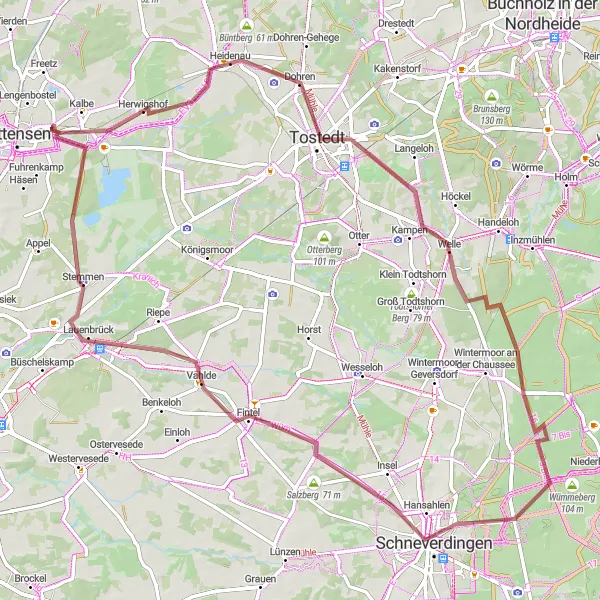Map miniature of "Gravel Discovery in the Heidenau Region" cycling inspiration in Lüneburg, Germany. Generated by Tarmacs.app cycling route planner